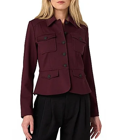 Stretch Ponte Point Collar Long Sleeve Peplum Jacket by Liverpool Los Angeles