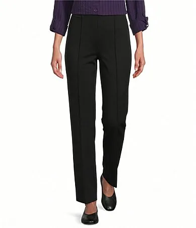 4 Way Stretch Ponte No-Waist Pintuck Straight Leg Ankle Pants