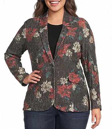 Knit Floral Print Notch Lapel Long Sleeve Sequin Detail Blazer by Ali Miles