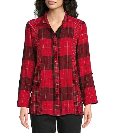 Yarn Dye Woven Plaid Wire Collar Rolled Tab Sleeve Button Front Shirt by Ali Miles