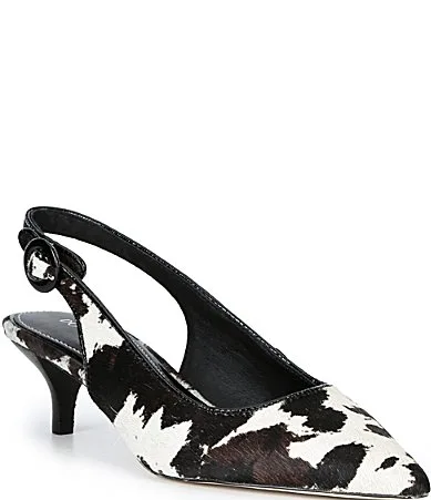 Cowhair Slingback Pointed Kitten Heel Pumps by Donald Pliner