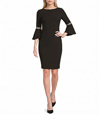 Boat Neck Embellished Bell Sleeve Scuba Crepe Sheath Dress by Calvin Klein