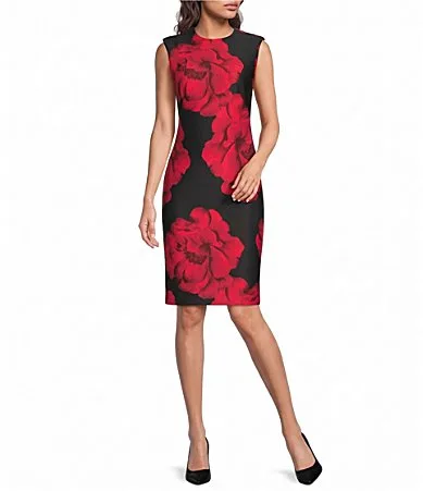Floral Print Round Neck Sleeveless Heavy Weight Scuba Sheath Dress by Calvin Klein