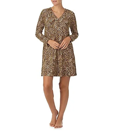 Brown Animal Print V-Neck Long Sleeve Sweater Knit Nightgown by Tommy Bahama
