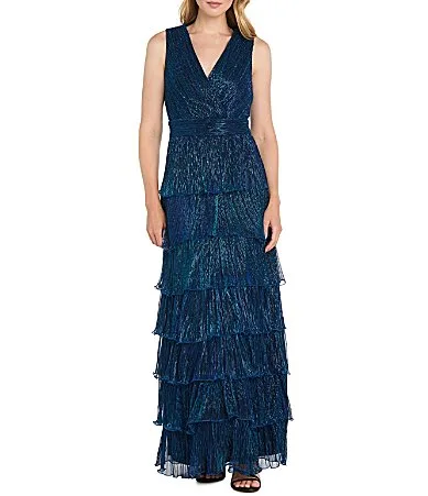 Crinkled Lurex Mesh V-Neck Sleeveless Tiered Gown by R&M Richards