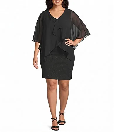 Glitter Knit Embellished V Neck Chiffon Cascade Overlay Dress by Ignite Evenings