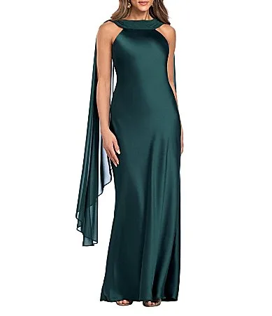 Crew Neck Sleeveless Satin Chiffon Long Gown by Xscape
