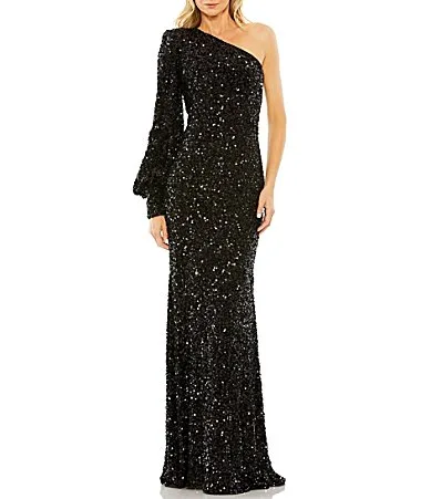 Mac Duggal Sequin Asymmetrical One Long Bishop Sleeve Sheath Gown by M.A.C.