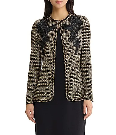 Lurex Tweed Metallic Knit Lace Applique Long Sleeve Jacket by Misook