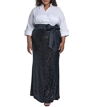 Cuff Sleeve Collar Neck Taffeta Bodice Sequin Skirt Long Dress by Jessica Howard