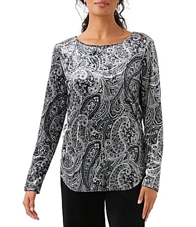 Stretch Knit Velvet Paisley Print Boat Neck Long Sleeves Coordinating Top by Karen Kane