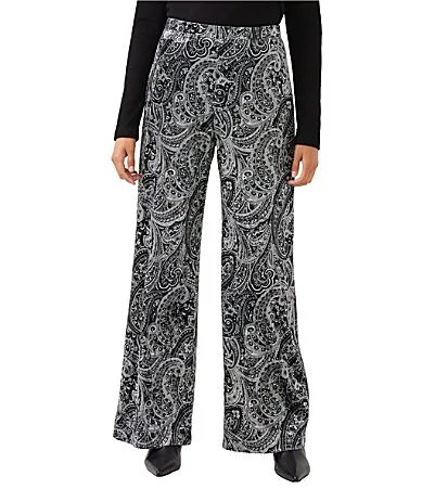 Stretch Knit Velvet Paisley Print High Rise Wide Leg Ankle Length Coordinating Pants by Karen Kane