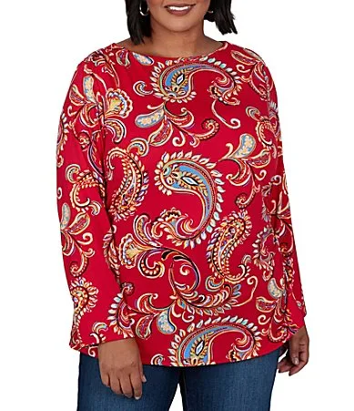 Sueded Stretch Knit Whimsical Paisley V-Neck Long Sleeve Side Ruched Top by Ruby Rd