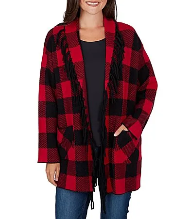 Red Black Buffalo Plaid Shawl Collar Long Sleeve Fringe Open Front Cardigan by Ruby Rd