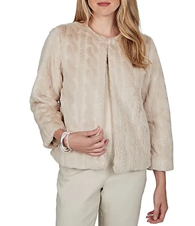 Plush Faux Fur Round Neck Bracelet Length Sleeve Jacket by Ruby Rd