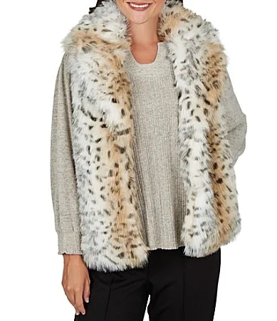 Faux Fur Snow Leopard Notch Collar Sleeveless Vest by Ruby Rd