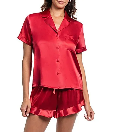 Satin Short Sleeve Notch Collar Button-Front Shorty Ruffled Pajama Set by In Bloom by Jonquil