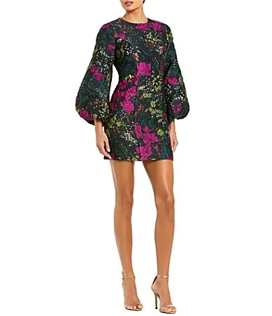 Mac Duggal Floral Brocade Crew Neckline Long Puff Sleeve Mini Dress by M.A.C.