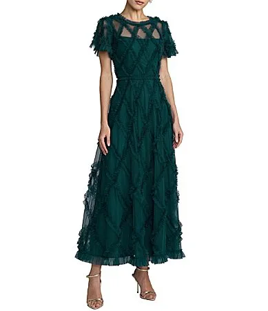 Mac Duggal Solid Mesh Dotted Ruffle Gown Dress by M.A.C.