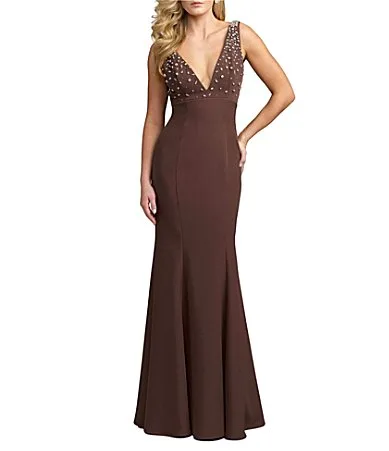 Mac Duggal Beaded Crepe Sleeveless Evening Gown by M.A.C.