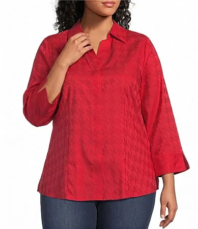 Taylor Monocolor Herringbone Jacquard Point Collar 34 Sleeve Button Front Shirt by Foxcroft
