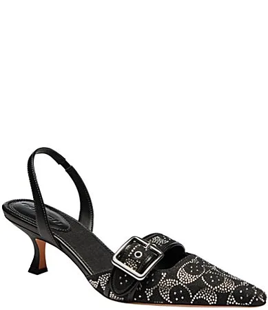Margot Crystal Signature Denim Kitten Heel Slingback Pumps by Coach