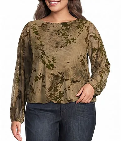 Knit Floral Boat Neck Long Blouson Sleeve Bubble Hem Top by Democracy