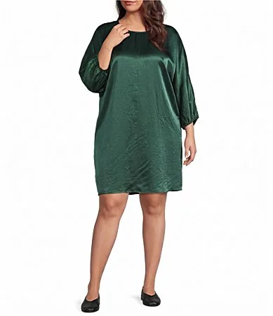 Textured Crinkle Satin Charmeuse Round Neck Elbow Dolman Sleeve Dress by Eileen Fisher