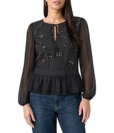 Sheer Tonal Embroidered Sequin Tie Neck Long Sleeve Peplum Top by Liverpool Los Angeles