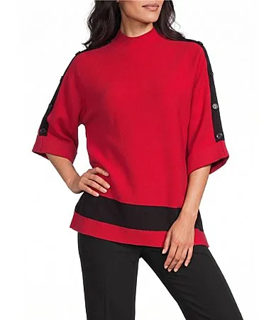 Funnel Neck 3/4 Dolman Sleeve Contrast Trim Sweater by Multiples