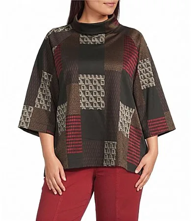 Yarn Dye Jacquard Knit Patchwork Cowl Neck 3/4 Raglan Sleeve Top by Multiples