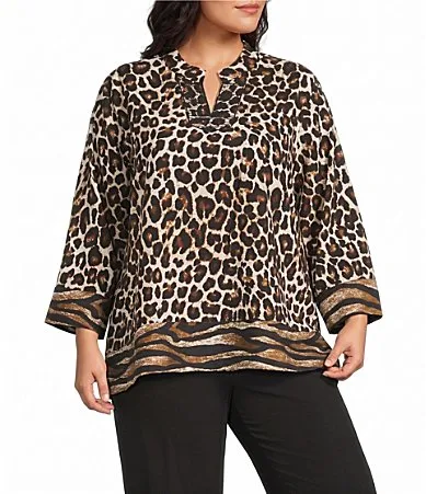 Woven Multi Animal Print Stand Collar 3/4 Sleeve Top by Multiples