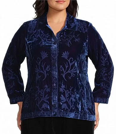 Velvet Embroidered Convertible Collar Long Sleeve Button Front Shirt