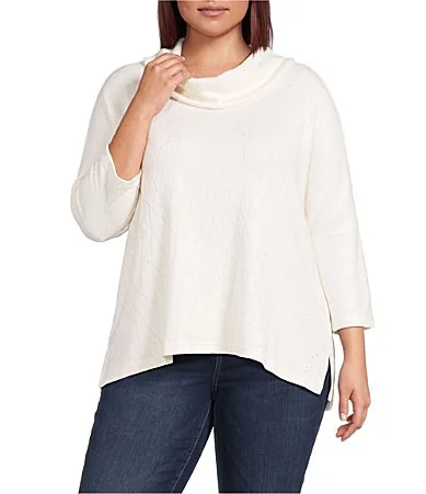 Knit Pointelle Cowl Neck Dolman Sleeve Sparkle Detail Tunic by Ali Miles