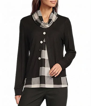 Knit Solid Mix Print Cowl Collar Long Sleeve Elastic Banded Pullover Top by Ali Miles