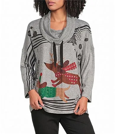 Brushed Knit Placed Animal Print Cowl Collar 3/4 Sleeve Front Drawstrings Top by Ali Miles