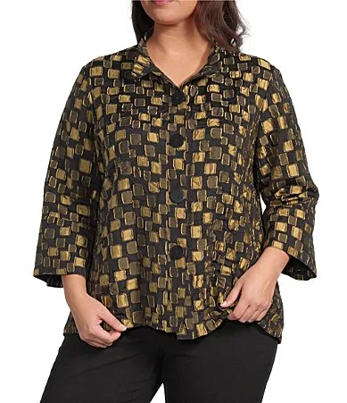 Woven Jacquard Gold Dot Wire Collar 3/4 Sleeve Button Front Jacket by Ali Miles