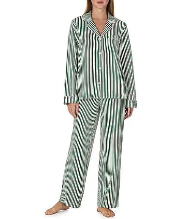 Timeless Stripe Print Long Sleeve Notch Collar Brushed Jersey Knit Pant Pajama Set