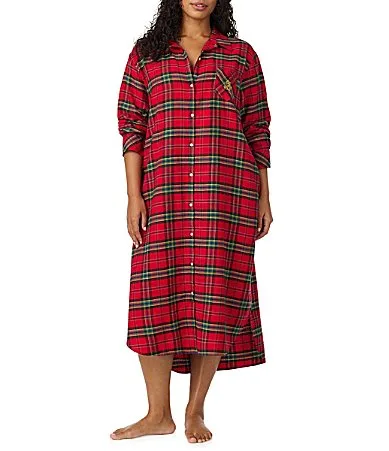 Flannel Green Plaid Print Long Sleeve Notch Collar Woven Sleepshirt by Ralph Lauren