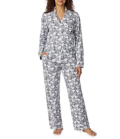 Grey Snoopy Print Notch Collar Long Sleeve Knit Pajama Set by Peanuts
