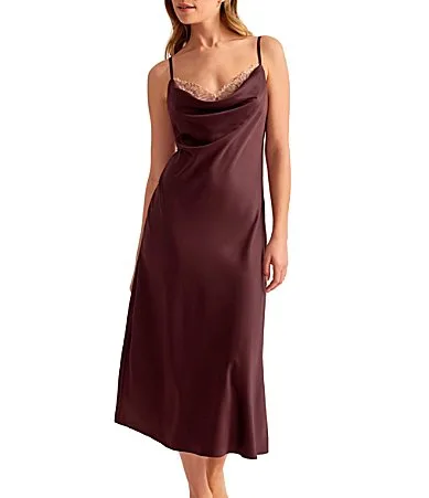 Rya Collection Mirage Charmeuse Sleeveless Cowl Neck Stretch Lace Bralette Long Slip Gown by Rya Collection