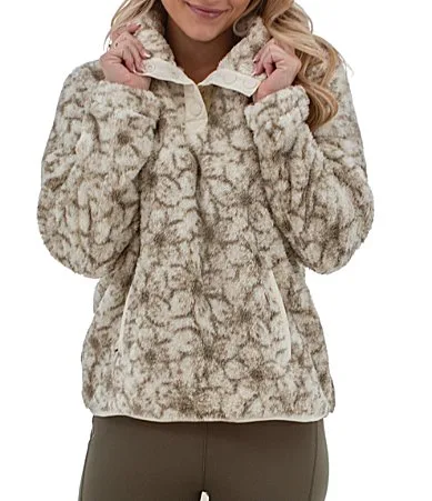 Aventura Wintertide Printed Stand Collar Front Snap Fleece Pullover Top by Aventura