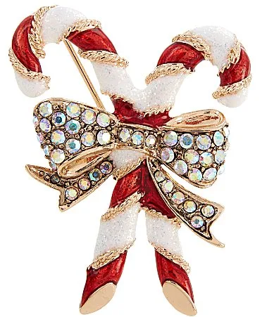 Merry & Bright Crystal Bow Christmas Candy Cane Pin