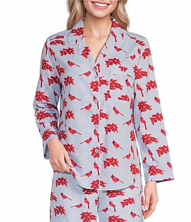 Sleep Sense Cardinal Print Flannel Long Sleeve Notch Collar Coordinating Button-Front Holiday Sleep Top by Sleep Sense