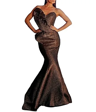 Terani Couture Sweetheart Neck 3D Ruffle Metallic Jacquard Mermaid Dress