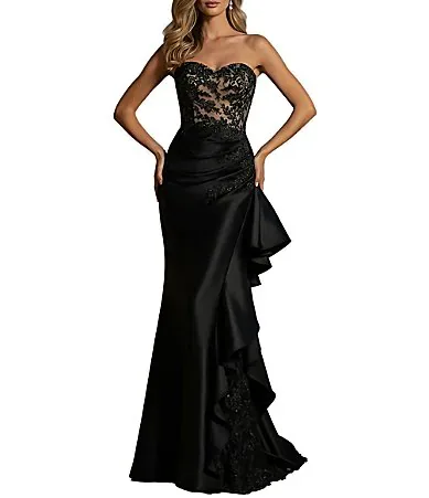 Terani Couture Strapless Lace Bodice Long Dress with Side Ruffle by Terani Couture