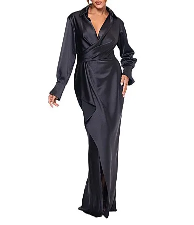 Long Sleeve Collared V-Neck Satin Dress