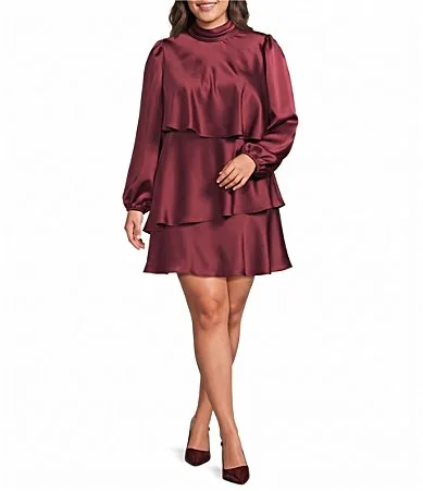 Short Tiered Mock Neck Satin Dress by Xscape