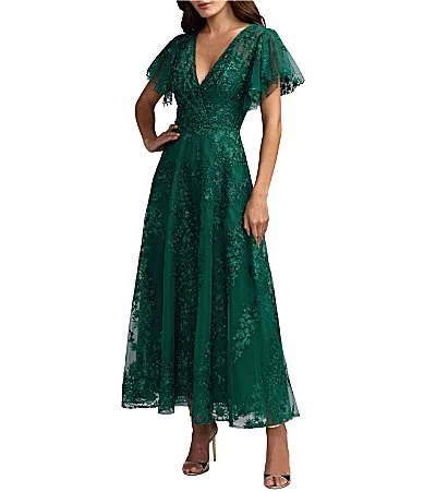 Mac Duggal Flutter Sleeve Faux Wrap Embellished a Line Gown by M.A.C.
