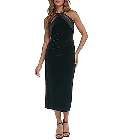 Halter Neck Side Tuck Velvet Midi Dress by Eliza J